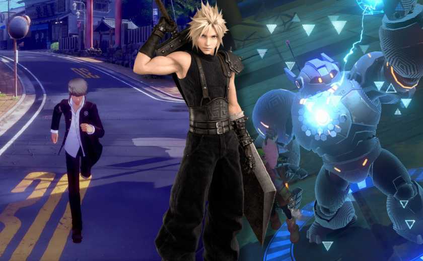A collage of two upcoming JRPGs - Persona 4 Revival and Starbites - alongside Cloud Strife from Final Fantasy 7 Rebirth.